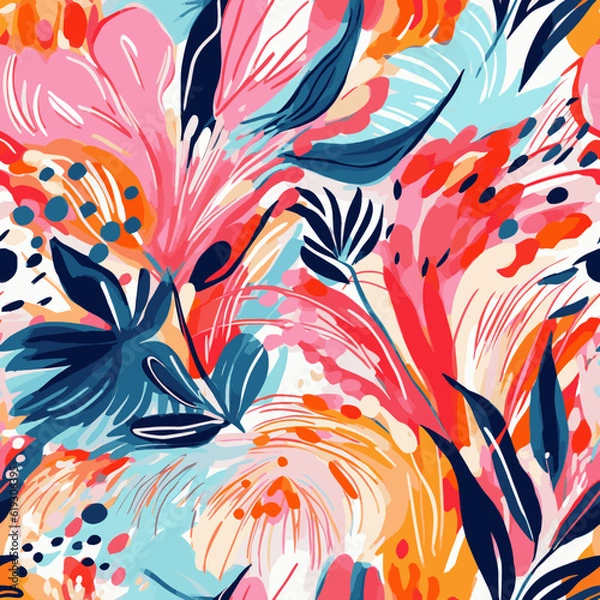 Fototapeta Modern Tropical Floral Pattern: Abstract Design Featuring Bold, Seamless Colors for a Contemporary Unique Print. Seamless pattern. Infinitely tileable.