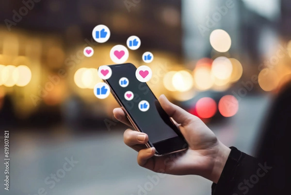 Fototapeta Hand of person holding smartphone and reaction of social networks, Generative AI