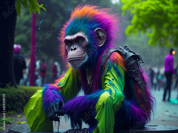 Obraz monkey with multi-colored hair in the park. AI generated
