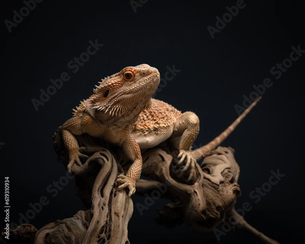 Fototapeta Young bearded dragon lies on a large snag against dark background. Studio shot of an exotic pet. Orange lizard on branch. Horizontal photo of Pogona barbata