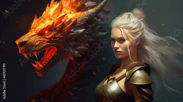 Fototapeta A captivating woman and a mythical creature embark on a fantastical journey through uncharted realms. AI generated