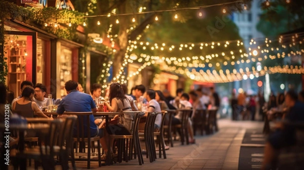 Obraz Bokeh tło restauracji ulicznej baru piwa, na świeżym powietrzu w Azji, ludzie siedzą relaks i spędzają czas i słuchają muzyki razem w Avenue, Happy Life, ciężko pracują ciężko. Generatywny AI