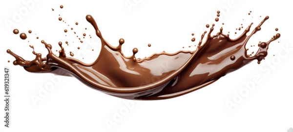 Fototapeta Food photography - Splash of liquid brown chocolate with splashing drops, isolated on transparent background PNG (Generative Ai)