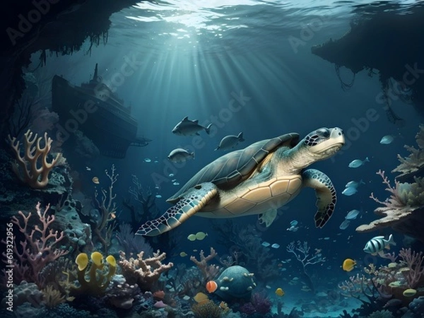 Fototapeta Underwater coral reef landscape wide 2to1 panorama background - AI generated