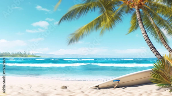 Fototapeta Panoramic view of beautiful tropical beach with palms and sea. Generative Ai