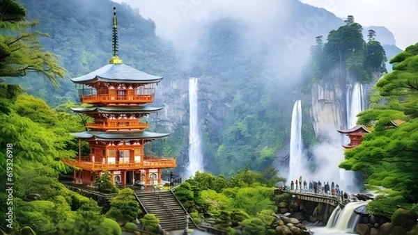 Fototapeta Japan Landscape Scenic View of Red Hall ułożony na skalnym klifie - AI wygenerowane