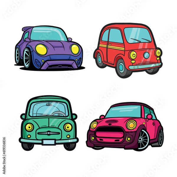 Fototapeta Set of stickers with funny cartoon cars on a white background.