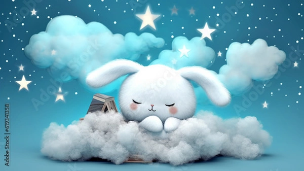 Obraz cute little bunny rabbit sleeping on a cloud watercolor drawing. Generative AI