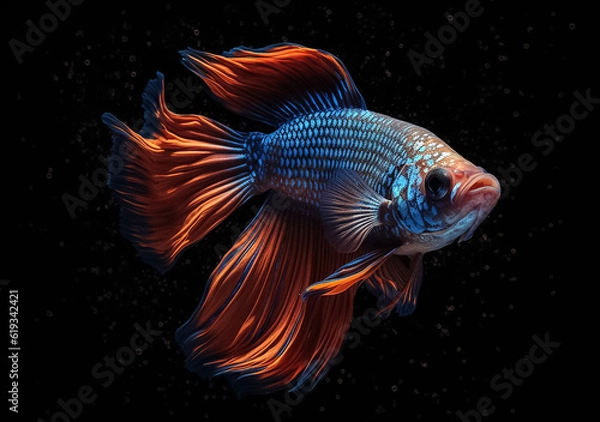 Fototapeta Beautiful Siamese fighting fish on dark background. Betta fish. Colorful fighting Siamese fish with beautiful silk tail isolated on black. Generative AI.
