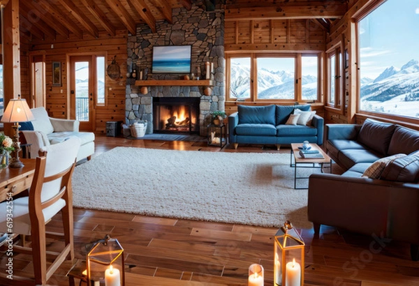 Obraz Cheminée dans un salon cosy d'un chalet de luxe à la montagne. Generative AI.