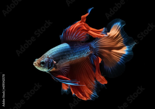 Fototapeta Beautiful Siamese fighting fish on dark background. Betta fish. Colorful fighting Siamese fish with beautiful silk tail isolated on black. Generative AI.