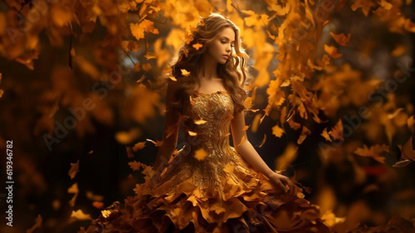 Fototapeta Schönes Model mit festlichen Abendkleid mit Herbstblätter in der Abendsonne, ai generativ