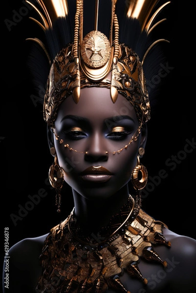 Obraz Portrait of a beautiful young girl with golden paint running down her face. Dark black background. Illustration, Generative AI.