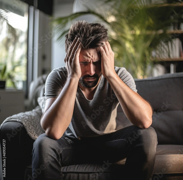 Fototapeta man having a headache, sitting on a couch feeling pain 
