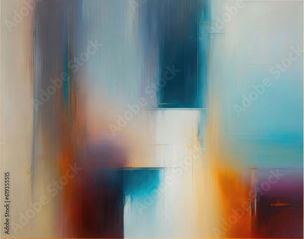 Obraz Lyrical abstraction art background with blocks of shapes blended in a teal blue and orange color palette.