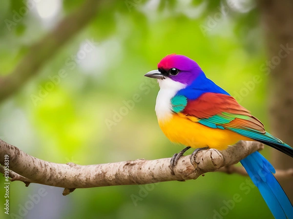 Fototapeta Colorful bird sitting on the tree branch with blurred background