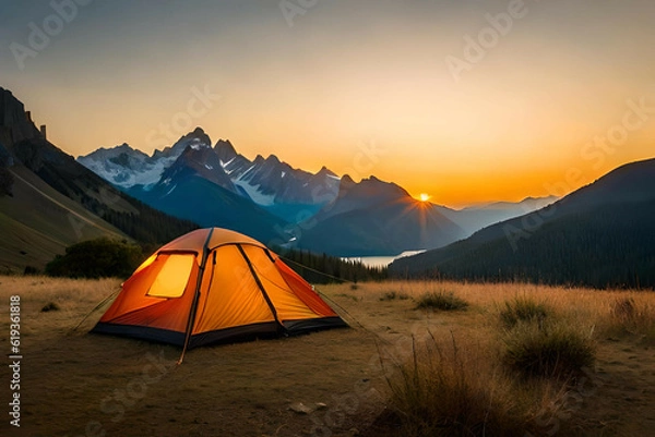 Fototapeta  camping tent high in the mountains at sunset