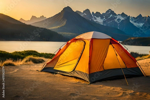 Fototapeta  camping tent high in the mountains at sunset