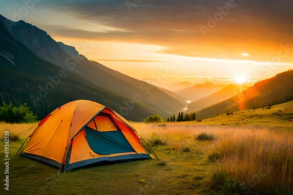 Fototapeta  camping tent high in the mountains at sunset