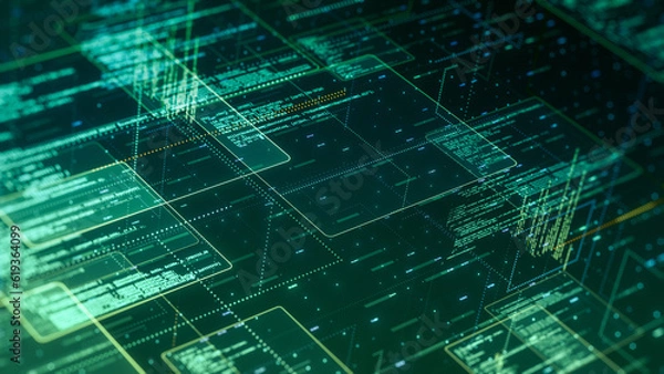 Fototapeta abstract network with random programming code, web and software development concept, futuristic technology, digital connectivity, cyber space (3d render)