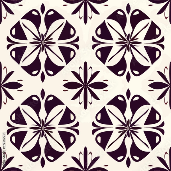 Fototapeta Striking black and white flower pattern on a white background, exuding a dark and mysterious allure. This repeating fabric pattern embodies art deco influences with a hint of elegance.