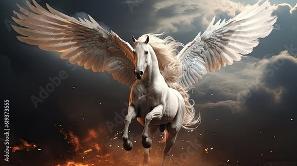 Obraz The mythic horse pegasus with white wings flying in the sky among lightnings