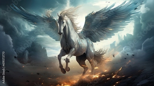 Obraz The mythic horse pegasus with white wings flying in the sky among lightnings