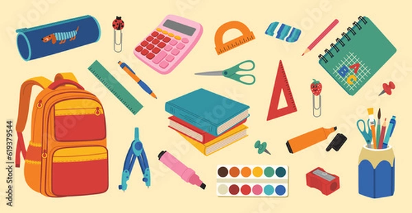 Obraz Set of different school supplies. Backpack, textbooks, calculator, pencil case, paints, pencil, markers, notebook, clip. Hand drawn vector illustration isolated on light background flat cartoon style.