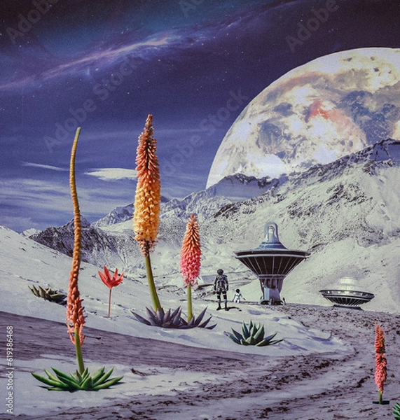 Fototapeta a couple of astronauts on another planet study the environment and plants next to the base station