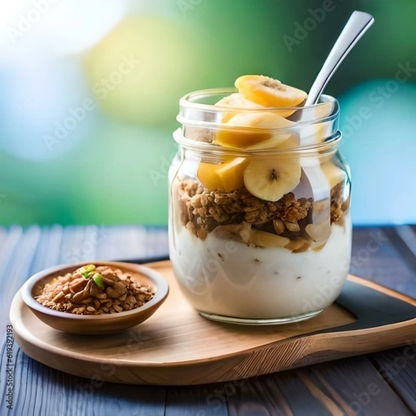 Fototapeta Greek Yougurt - Dahi with banana and cream and nuts