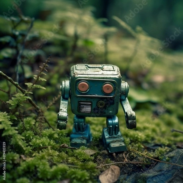 Fototapeta AI generated illustration of a toy robot in a natural environment of mossy ground in a wooded area