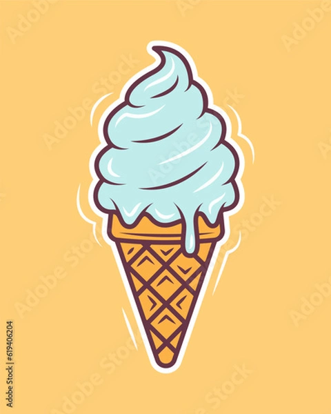 Fototapeta Ice cream cone cartoon style. Vector illustration isolated on a yellow background