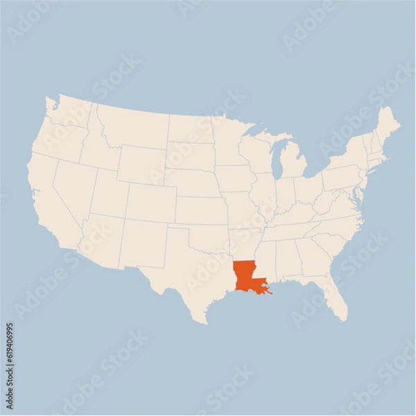 Fototapeta Vector map of the state of Louisiana highlighted highlighted in pastel orange on a beige map of United States of America.