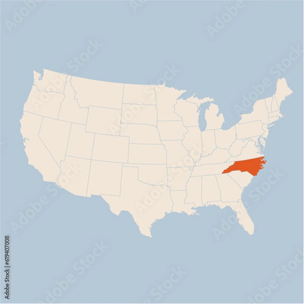 Fototapeta Vector map of the state of North Carolina highlighted highlighted in pastel orange on a beige map of United States of America.