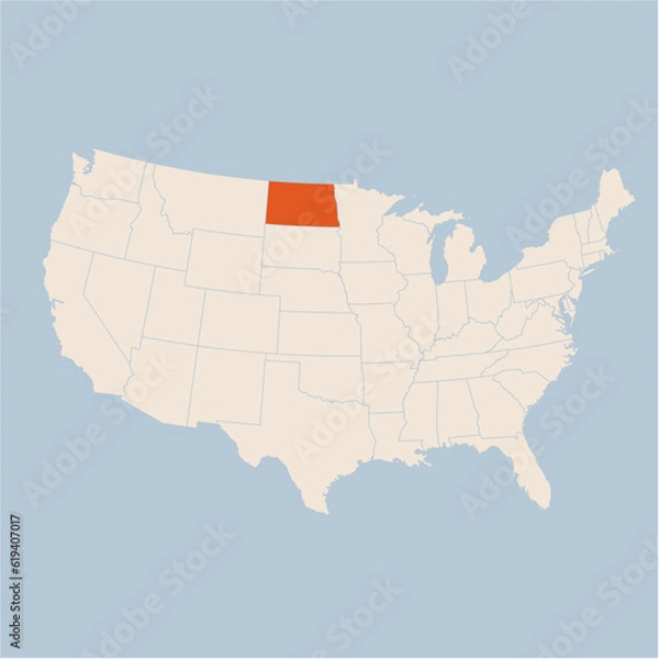 Fototapeta Vector map of the state of North Dakota highlighted highlighted in pastel orange on a beige map of United States of America.