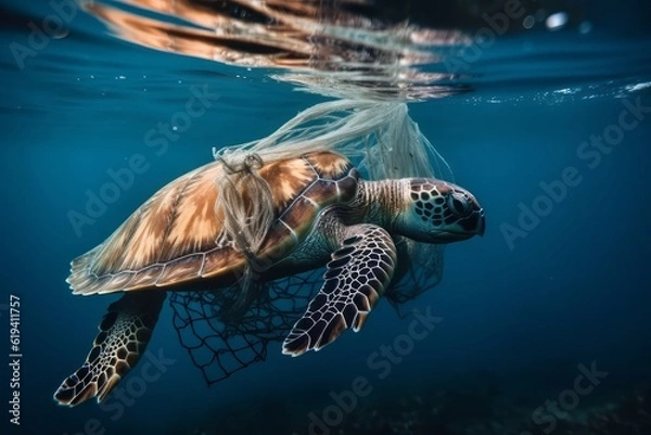 Fototapeta A turtle with nets swim in the ocean, plastic pollution. Global Warming. Generative AI Technology