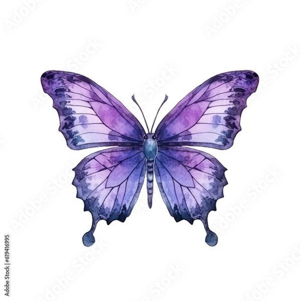 Fototapeta Watercolor illustration of a purple butterfly isolated on white background. Generative AI.