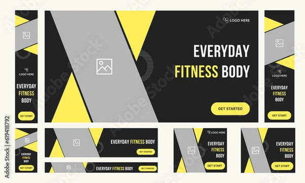 Fototapeta Set of creative body fitness web banner template design for social media posts, polygonal vector shape eps file format, fully customizable banner template design