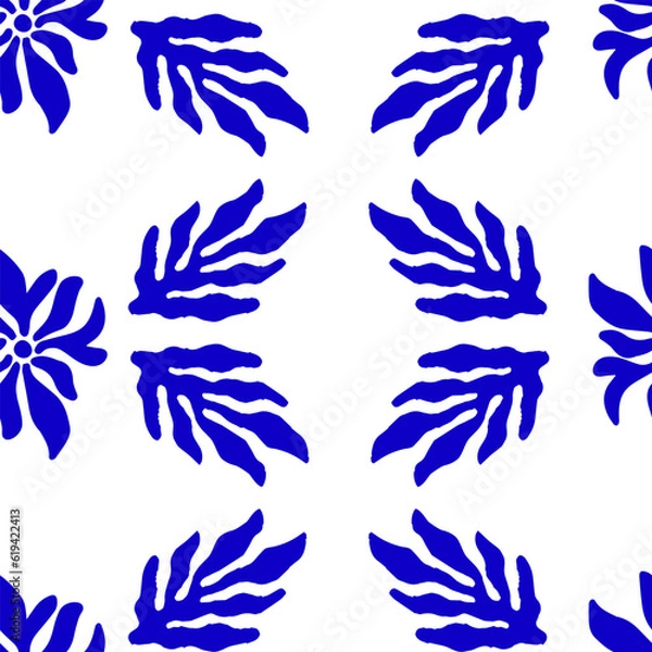 Fototapeta Blue Matisse plants seamless pattern. Minimal abstract floral print for wallpaper, textile, packaging