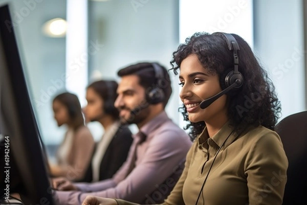 Fototapeta Portrait of female call center worker accompanied by his team. Smiling customer support operator at work. Diverse group of people.