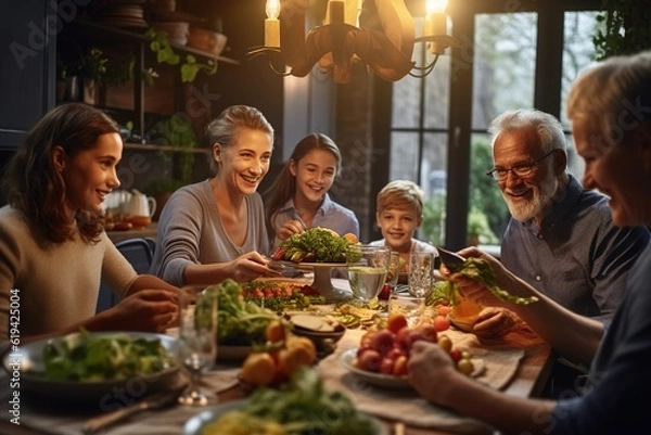 Fototapeta Happy multi-generation family gathering around dining table and having fun during a lunch.