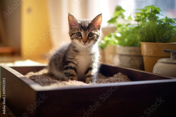 Fototapeta The cat goes to the toilet in a tray with a litter box.  Generative AI technology.