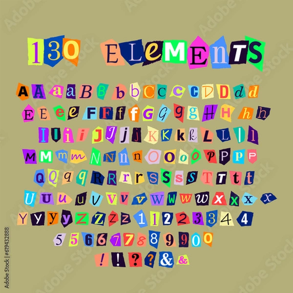 Obraz Litera, numer i symbol kolaż: duży wektorowy zestaw wycinków papierowych. Rozległa kolekcja wycinków papierowych z literami, liczbami i symbolami do tworzenia kolaży i projektów artystycznych.