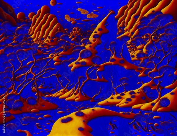 Obraz Abstract background in red and blue, with a spectacular rhythm and inserts. Surrealistic image in a modern style. For your art projects and works.