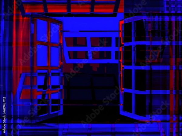 Fototapeta Abstract background in red and blue, with a spectacular rhythm and inserts. Surrealistic image in a modern style. For your art projects and works.