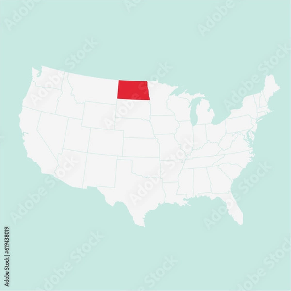 Fototapeta Vector map of the state of North Dakota highlighted highlighted in red on a white map of United States of America.
