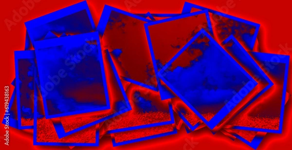 Obraz Abstract background in red and blue, with a spectacular rhythm and inserts. Surrealistic image in a modern style. For your art projects and works.