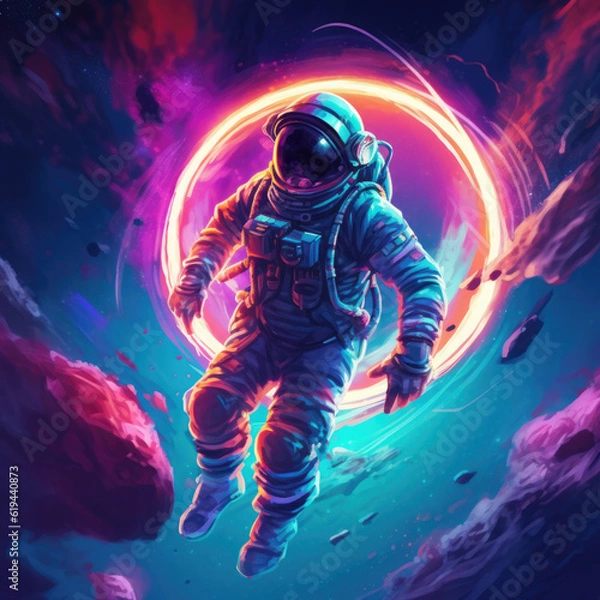 Obraz Soaring astronaut on a colored background. Digital art. Generative AI.