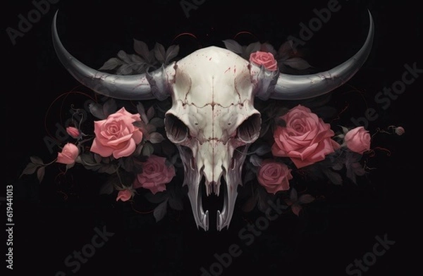 Obraz Skull of a bull and a rose. on black background. Digital art. Generative AI.