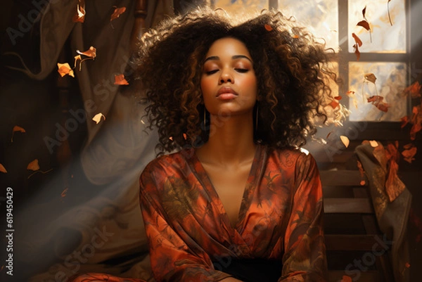 Obraz A Portrait of a Young Black Woman In a State of Introspection, Contemplation, Meditation, Mindfulness